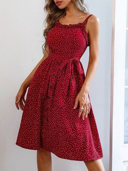 

polka dot frill trim fake button knot front cami dress f15n#, Black;gray