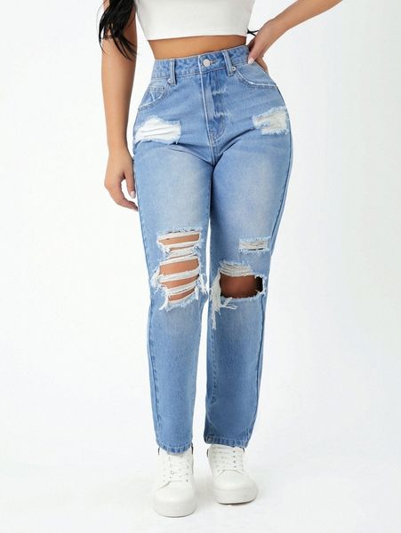 

petite washed ripped mom jeans 74ra#, Blue