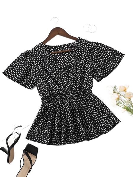 

ditsy floral butterfly sleeve shirred waist peplum blouse f5kb#, White