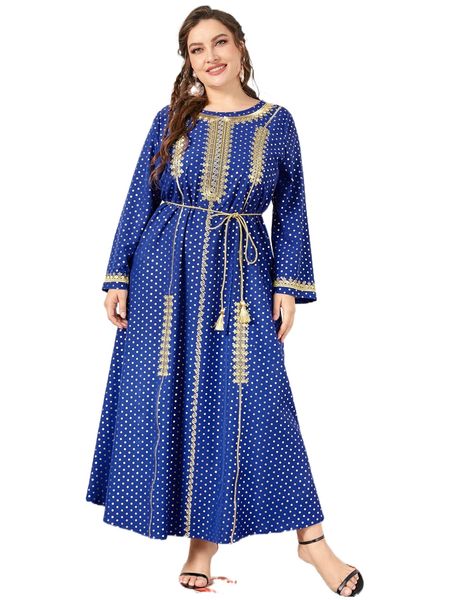 

plus gold polka dot scroll embroidery tassel belted dress y2gx#, Black