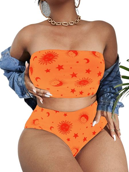 

plus galaxy print bandeau bikini swimsuit g6ax#, White;black