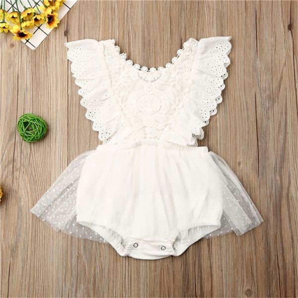 Vestiti per bambina nati in estate Senza maniche Tinta unita Tinta unita Pizzo bianco Fiore Ruffle Pagliaccetto Vestito Prendisole 220525