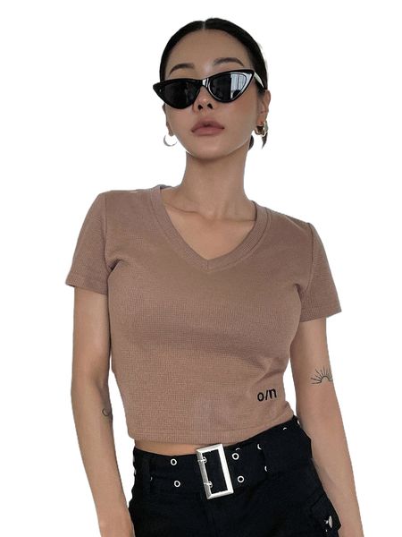 

dazy letter embroidery v-neck crop tee h01d#, White