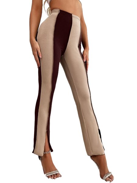 

colorblock stitching split hem flare leg pants o44s#, Black;white