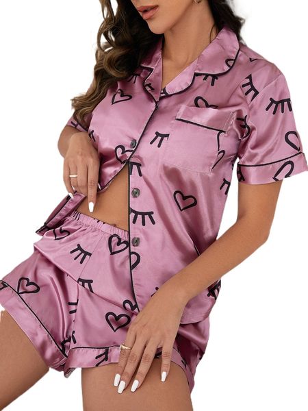 

eyelash & heart print contrast piping satin pj set o76b#, Black;red