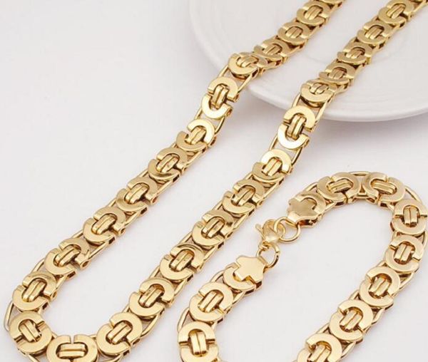 

18k gold plated 10mm men's flat chain necklace bracelet set, Silver