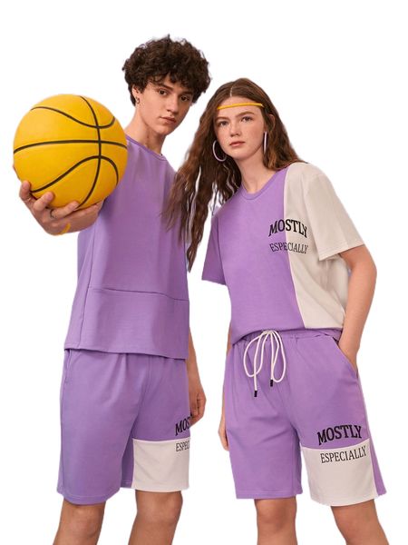 

1pc letter graphic colorblock tee & 1pc shorts p340#, Gray