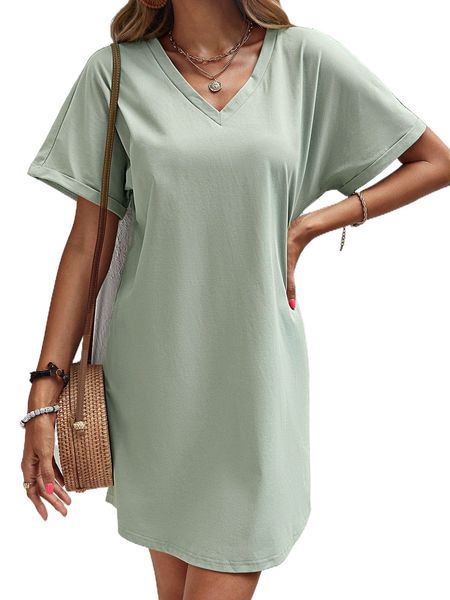 

batwing sleeve v neck tee dress x0jr#, Black;gray