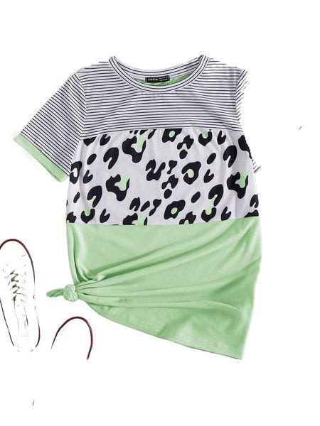 

striped & leopard print colorblock tee f4f3#, White