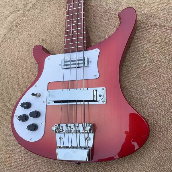 Guitare basse personnalisée à 4 cordes pour gaucher, manche traversant le corps, matériel chromé, touche en palissandre, peinture rouge, panneau décoratif blanc