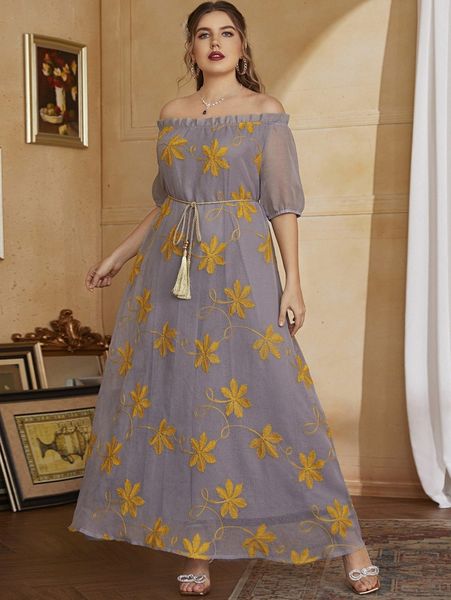 

plus floral embroidery off the shoulder belted dress d2ah#, Black