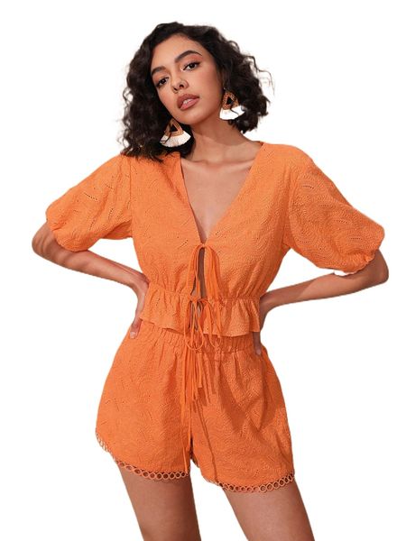 

lantern sleeve knot front peplum schiffy blouse m9sc#, White