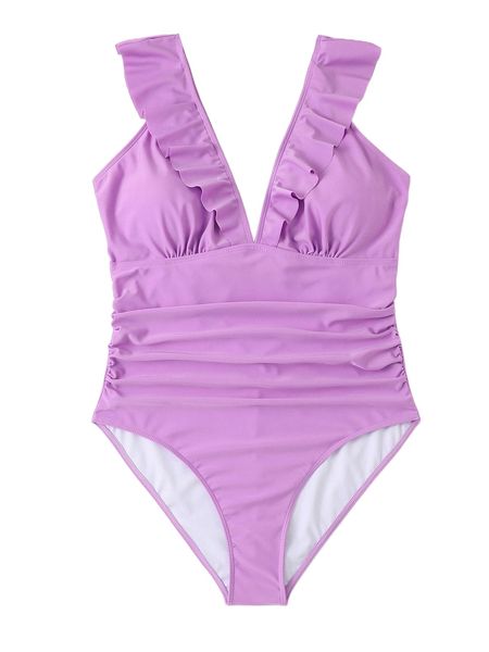 

plus ruffle trim ruched one piece swimsuit n1ls#, White;black