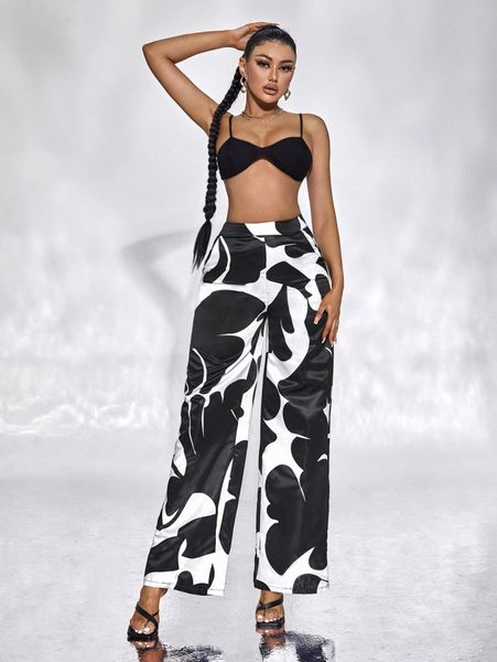 

sxy high waist graphic print pants q9sm#, Black;white