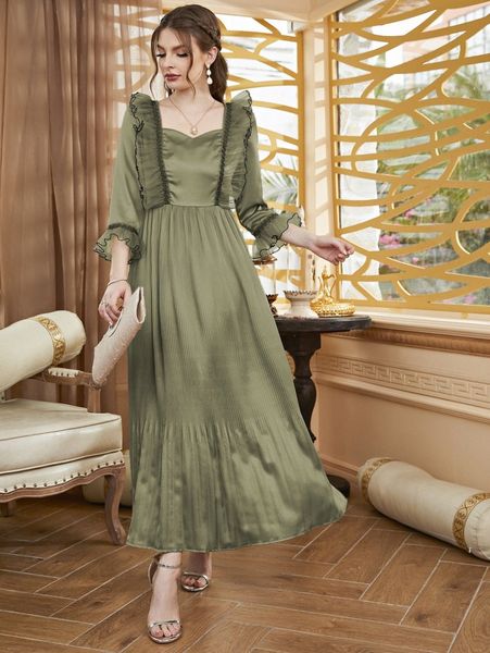 

contrast mesh ruffle trim flounce sleeve dress k0uz#, Black;gray