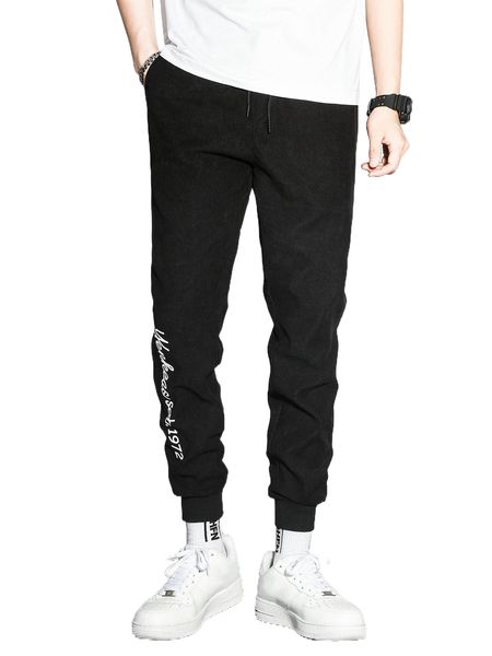 

men slogan graphic drawstring waist pants q24n#, Black