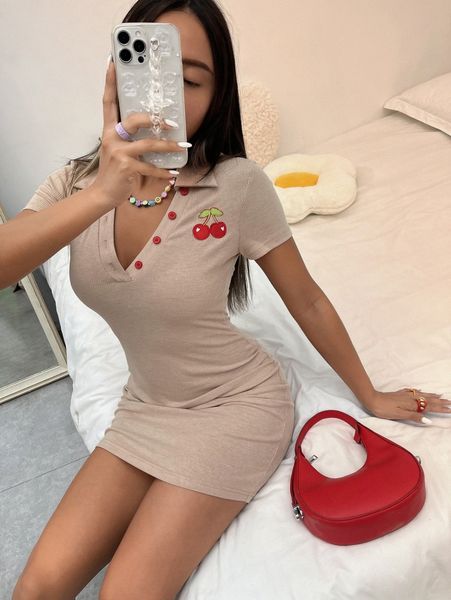 

cherry patched polo neck bodycon dress b4v5#, Black;gray