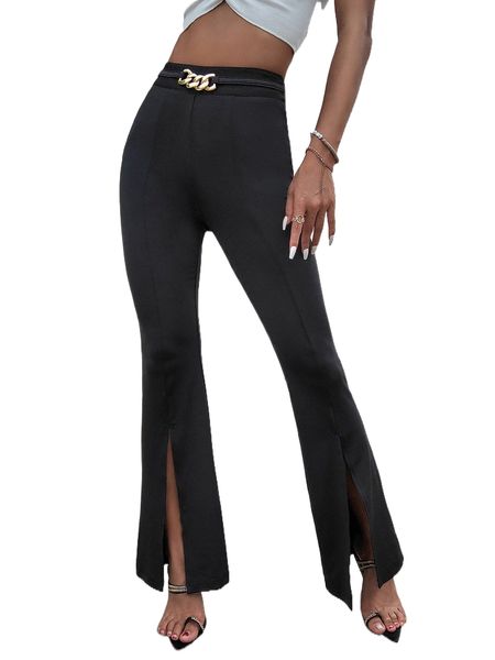 

chain detail split hem flare leg pants r1wp#, Black;white
