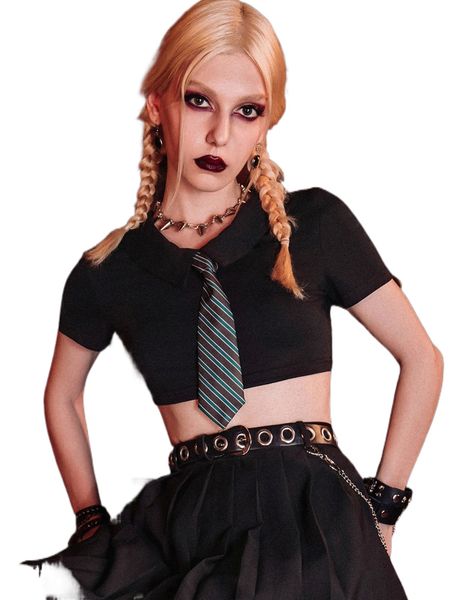 

romwe dark academia solid collar crop tee & 1pc striped tie u4gh#, White