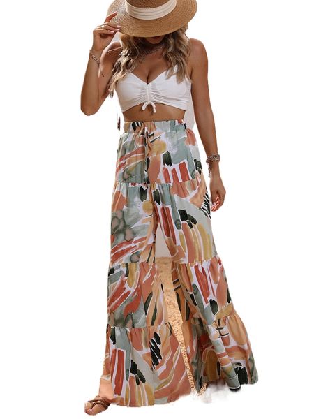 

brush print tie waist ruffle hem wide leg pants 16rc#, Black;white