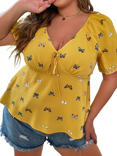 

plus butterfly pattern tie front puff sleeve peplum blouse r6oi#, Black