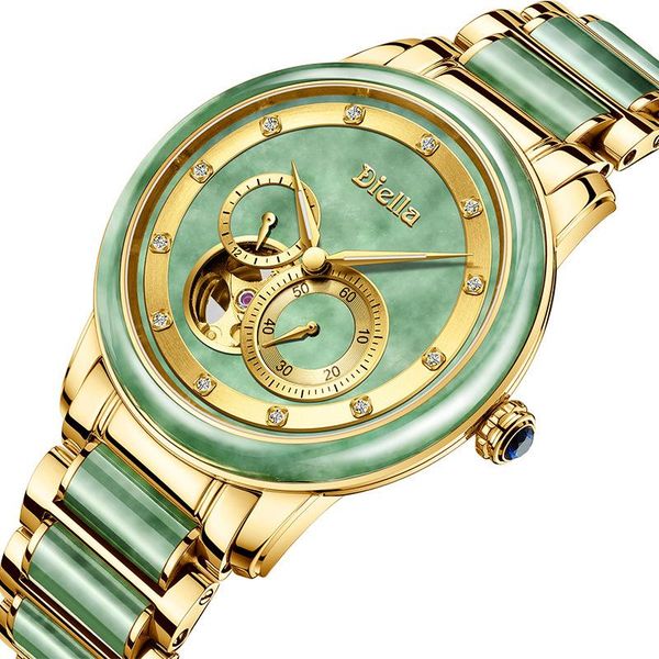 

wristwatches diella emerald jade hollow men's watch chronograph men automatic mechanical wrsitwatch sapphire business diamond cloc, Slivery;brown