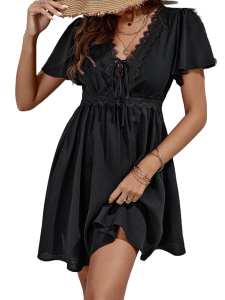 

guipure lace trim butterfly sleeve knot front dress c0c9#, Black;gray