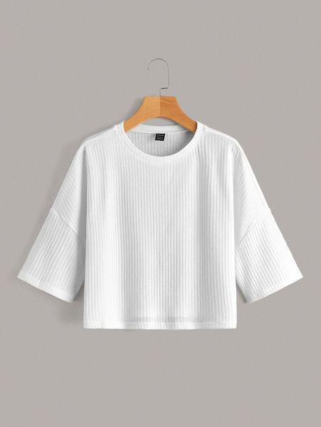 

ribbed knit solid drop shoulder crop b3nj#, White