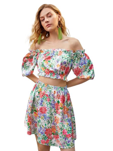 

floral print off shoulder ruffle trim crop chiffon & skirt 966q#, White
