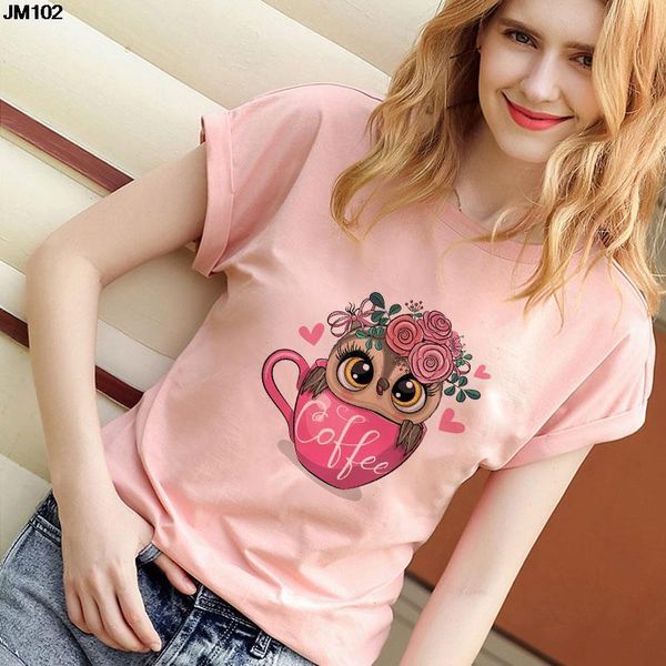 

summer gothic women cute tee owl print t-shirt fashion thin short sleeve t shirt harajuku casual pink female clothing, White