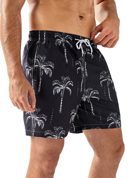 

men palm tree print drawstring waist swim trunks i08h#, White;black
