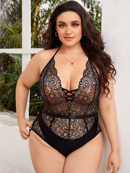 

plus cross front lace teddy bodysuit d2jw#, Black;white
