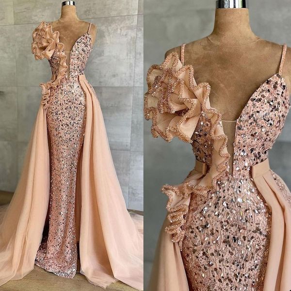 Lantejoulas sereia rosa vestidos de noite cinta espaguete frisado vestido de festa trem destacável celebridade vestido de baile feito sob encomenda