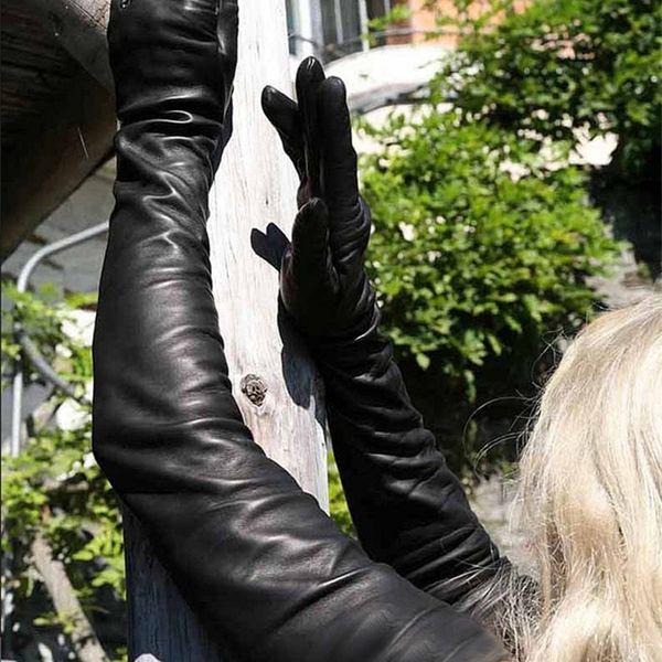 Леди настоящая овечья кожа супер длинные плечо длинные кожаные перчатки черный 201020