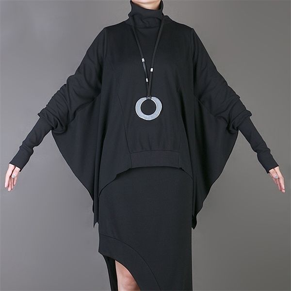 

eam spring summer high collar brief long batwing sleeve black loose big size sweatshirt women fashion jy048 201203