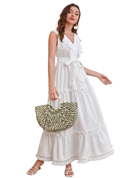

1pc contrast eyelet embroidery frill trim raw hem belted dress p3p2#, Black;gray