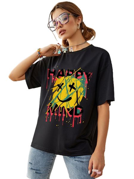 

letter & cartoon face print drop shoulder tee s6ds#, White