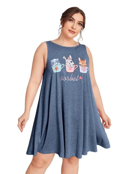 

plus letter & cartoon graphic nightdress j72z#, Black;white