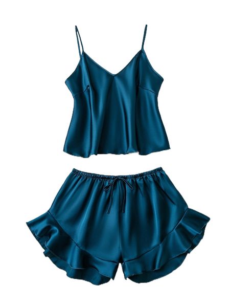 

ruffle hem satin pj set d0g3#, Black;red