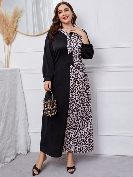 

plus leopard print draped front bishop sleeve tee dress b4s2#, Black