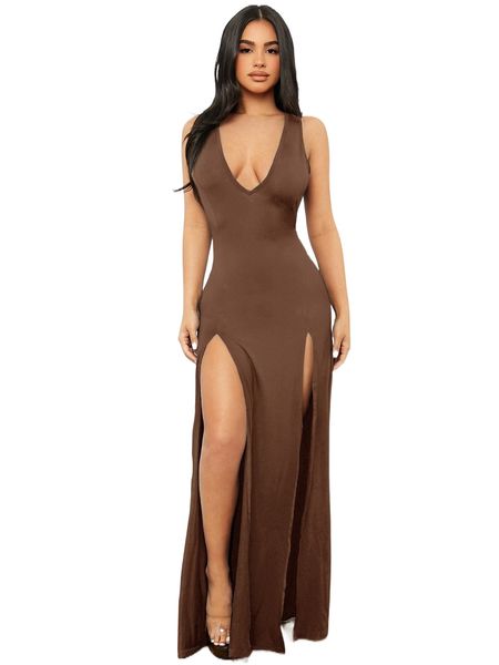 

solid split thigh plunging neck bodycon dress v2cw#, Black;gray