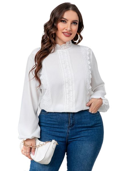 

plus contrast lace stand collar blouse x7i0#, Black