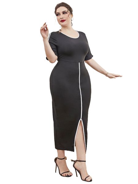 

plus scoop neck split front contrast binding dress 38hc#, Black