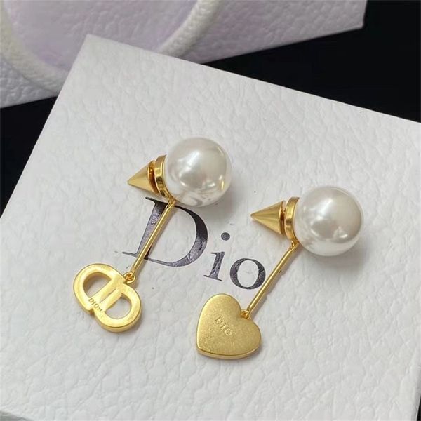 

design jewel ornament charm earring heart-shaped long pearl earrings brass earrings female 925 silver needle, Golden