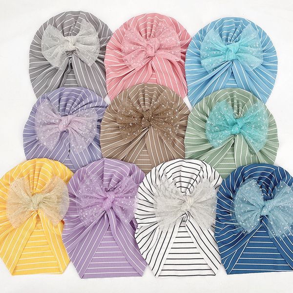 

baby indian hat lace bowknot striped newborn caps girls princess thin gauze turban soft sunscreen cap cotton head wraps kids bonnet beanie h, Yellow