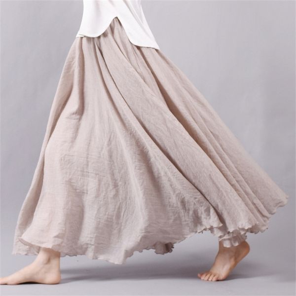 Sherhure женщины хлопок и льняные длинные юбки эластичные талии плиссированные макси пляж boho старинные летние faldas saia 220322
