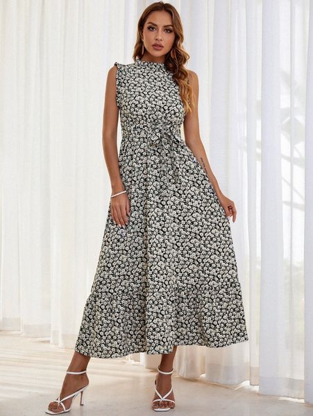 

ditsy floral mock neck belted ruffle hem dress z8qp#, Black;gray