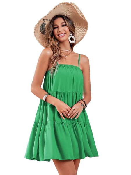 

solid ruffle hem cami dress 46th#, Black;gray