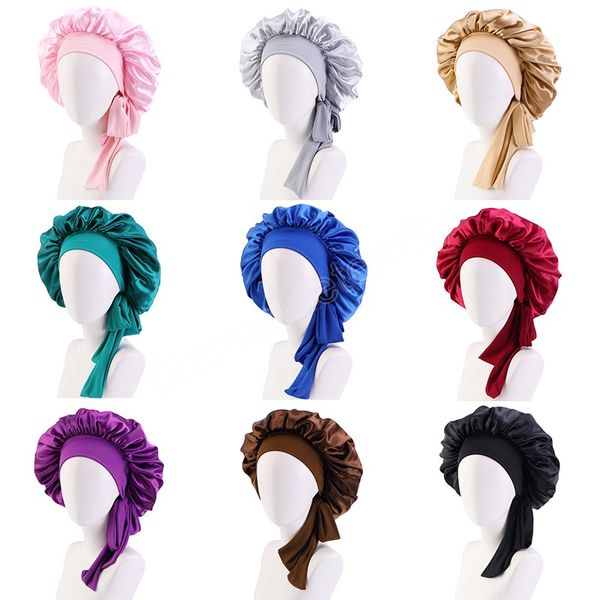 

women satin solid sleeping hat elastic night shower cap adjustable hair head cover bonnet turban sleeping with stretchy tie band, Blue;gray