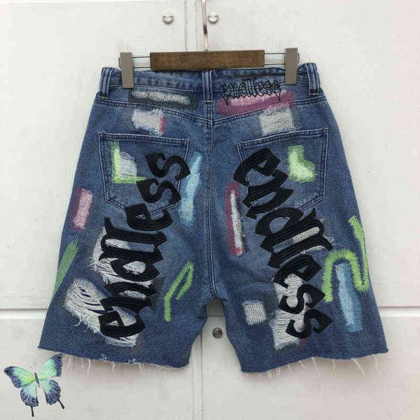 Herren Shorts Endless Denim Shorts Männer Frauen Top Qualität Broken Hole Destroy Stickerei Kurze Jeans T220825
